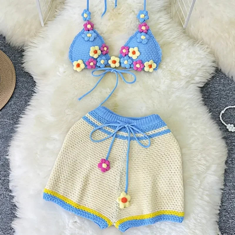 HLJ&GG Sweet Pastoral Fashion Knitting Little Flower Hollow Two Piece Sets Women Halter Lace Up Backless Bra And Shorts Outfits