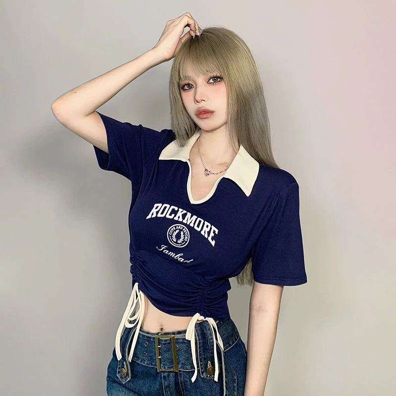 Women Designer Sweet Spicy Style Clothes Lady Drawstring Tie Up Crop Tops Female Turndown Collar Graphic Short Sleeved T-shirts