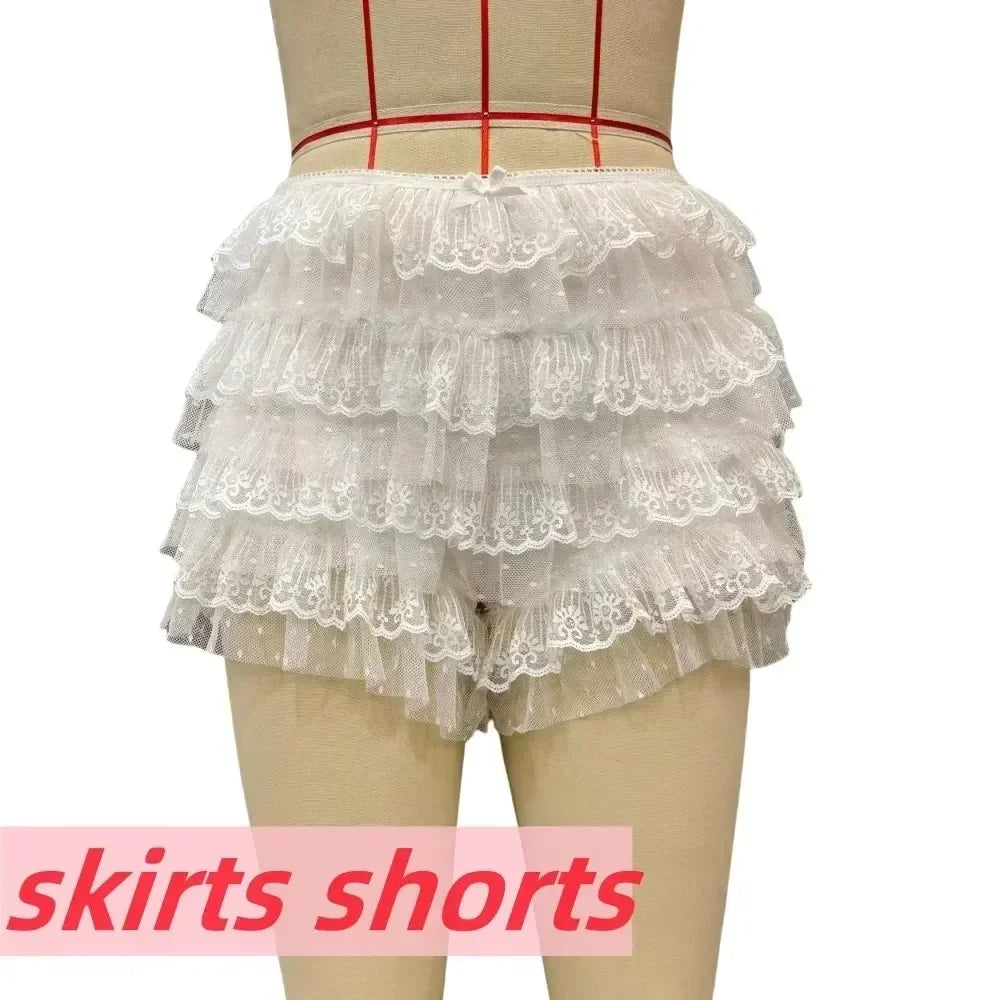 HLJ&GG Lace Sexy Embroidery Sheer Two Piece Sets For Women Thin Strap Tank Top + Ruffle Mini Skirts Shorts Outfit Party Clubwear