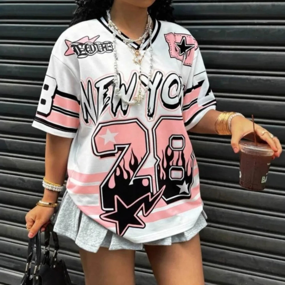 HLJ&GG Pink Fashion Letter Loose Tshirts Two Piece Sets Women V Neck Short Sleeve Top+Pleated Mini Skirts Outfits Y2K Streetwear