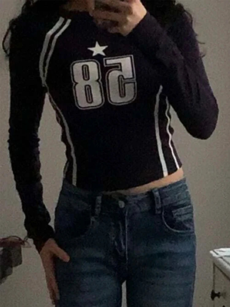 Gothic female Long sleeved Open Umbilical Letter Printing Casual Korean ladies Top Y2k Clothing EMO