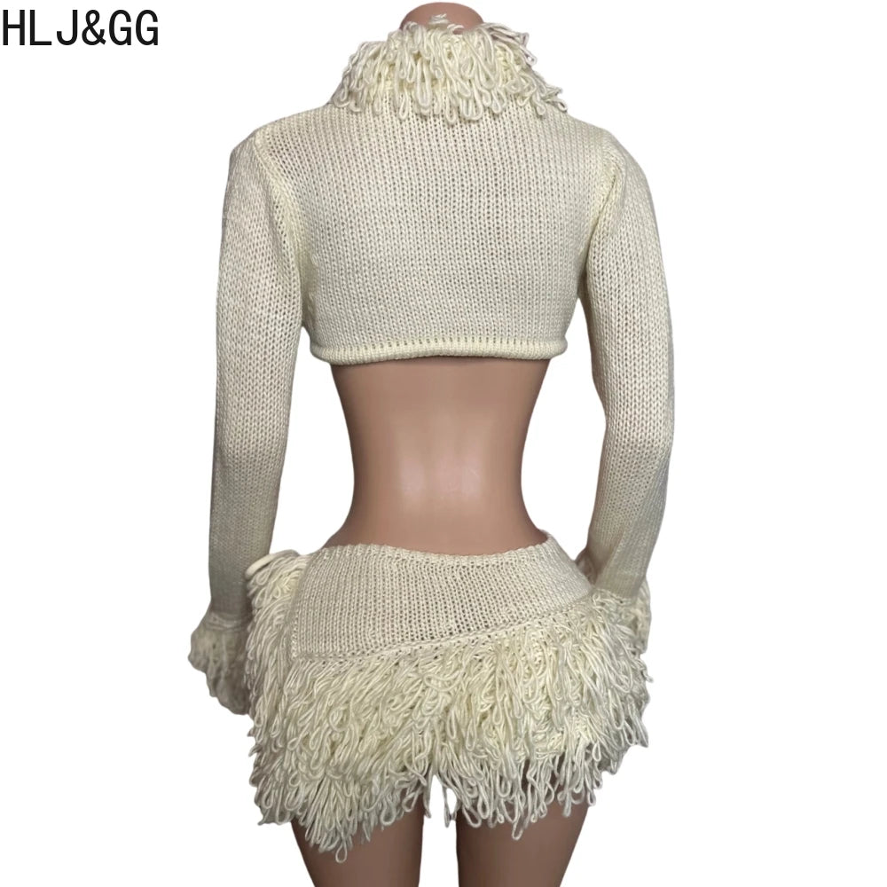 HLJ&GG Apricot Sexy Knitting Tassels Bandage Two Piece Sets Women Long Sleeve Hollow Crop Top And Side Slit Mini Skirts Outfits