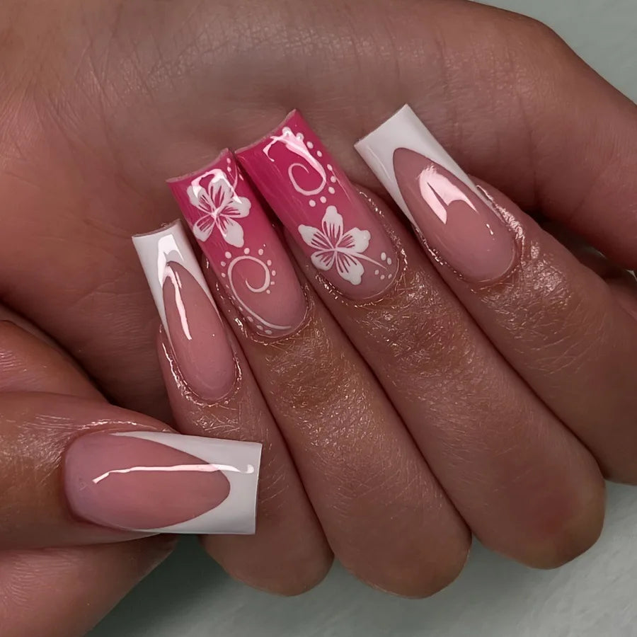 24Pcs Fairy White Flower Fake Nails Pink French Tip Press on Nails Short Square Wearable False Nail for Girls DIY