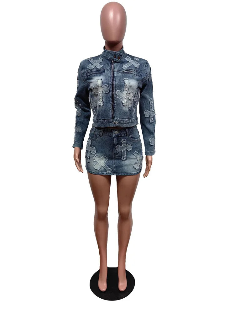 Weird Puss Vintage Women 2piece Set Half High Collar Zip Jacket+High Waist Mini Skirt Hipster Streetwear jeans Embroidery Suits