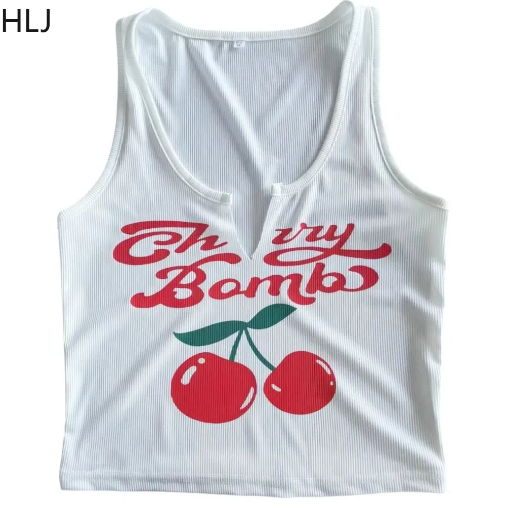 HLJ&GG Y2K Cherry Print Fashion Ruffle Shorts Two Piece Sets For Women V Neck Sleeveless Tank Top + Ruched Shorts Street Outfits