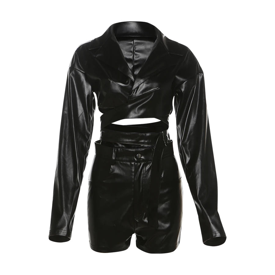Weird Puss PU Hipster Leather 2 Piece Set Women Fall Trend v-Neck Cross Sash Sexy Crop Tops+Shorts Matching Streetwear Outfits
