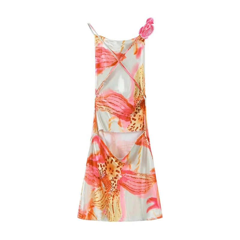 Backless Satin Short Dress Women Sexy 3D Flower Print Lace Up Sleeveless Halter Dresses 2025 Summer Beach Vacation Lady Vestisos