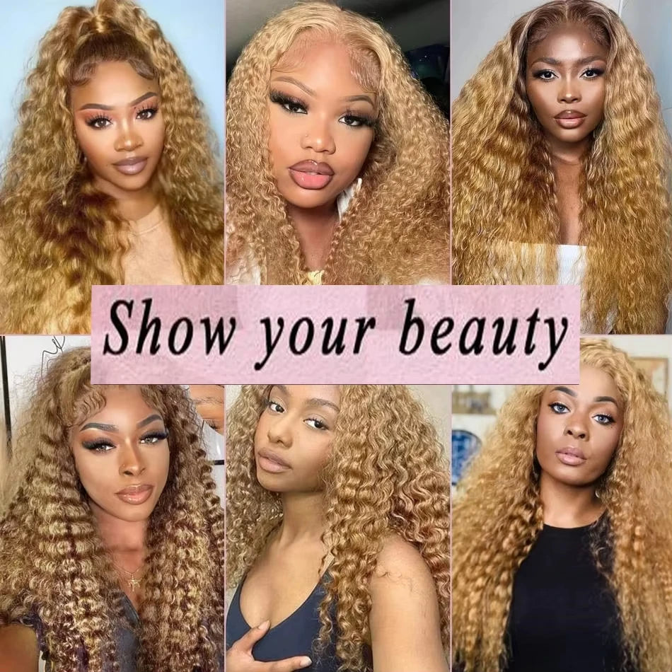#27 Honey Blonde Human Hair Wig Deep Wave 13x4 13x6 hd Lace Frontal Wig Pre Plucked 30 inch Blonde Curly Lace Front Wig