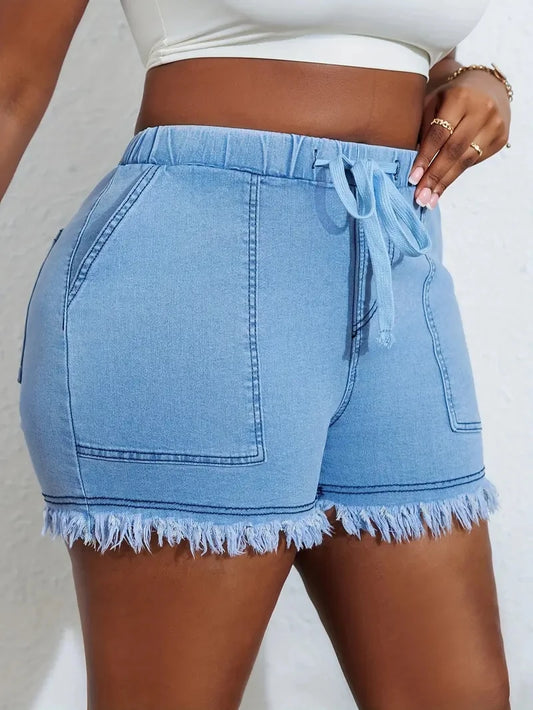 Ladies Plus Size jeans Shorts with High Stretch Elastic Waistband and Tassel Style, Fashionable and Versatile Jeans