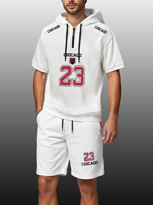 Summer Sets Men Jersey T-Shirts and Shorts Outfit Two-Piece Hooded T-Shirt Zipper Pocket Shorts Fashion Loose Oversize Clothing