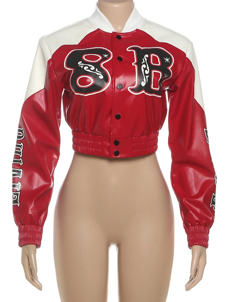 Nibber Uniform Letter Print Crop Jacket Woman PU Patchwork Full Sleeve Single-Breasted Cardigan Skinny Single-Button Cool Coat