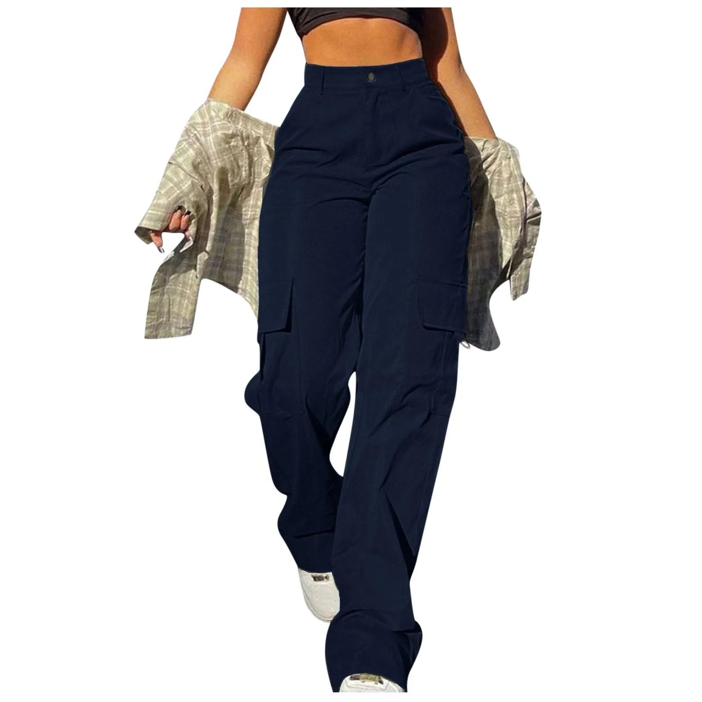 Women Cargo Pants With Pockets Stretch High Waisted Casual Sweatpants Straight Wide Leg Long Pants Sporty Jogger Trouser
