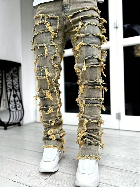 Casual Distressed Men's Jeans Tassels Patchwork Design Vintage Washed Stretch Denim Pants Straight Fashion Streetwear Trousers