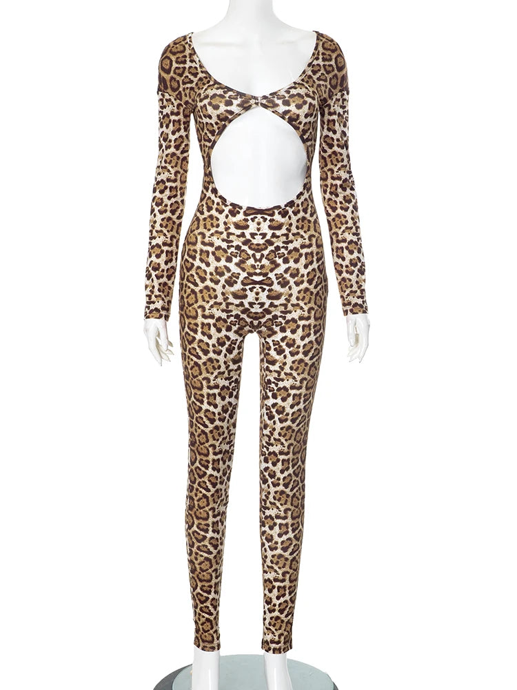 Weird Puss Leopard Print Jumpsuit Women Wild Hollow Low-Neck Sexy Skinny Full Sleeve Peach Hip Midnight Party Overalls Clubwear