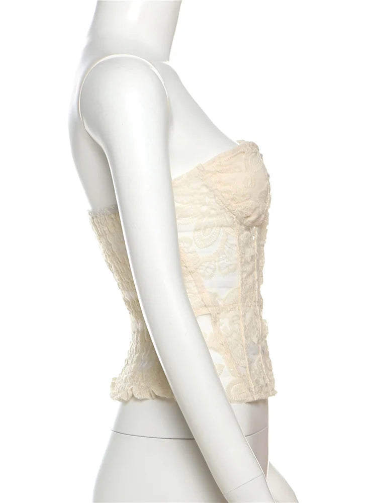 Weird Puss See Through Women Corset Top Warp Sleeveless Lace Concealed Metal Buckle Backless Sexy Summer Trend Midnight Mini Top
