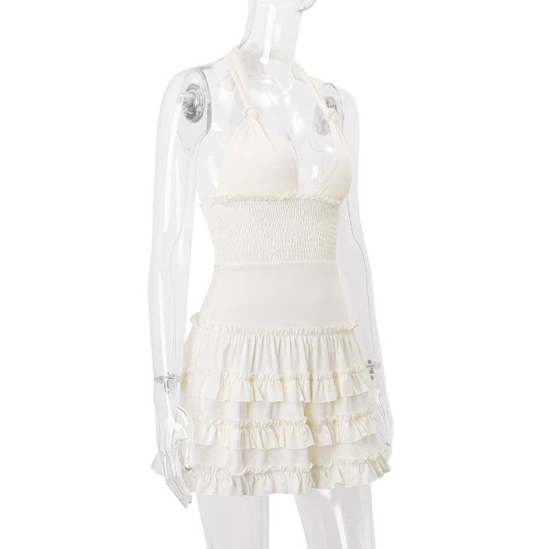 WhereMery Korean Style Sexy Beach V-neck Dress Summer Y2K Charming Backless Handling Neck Dress Swimming Pool Party Mini Dresses