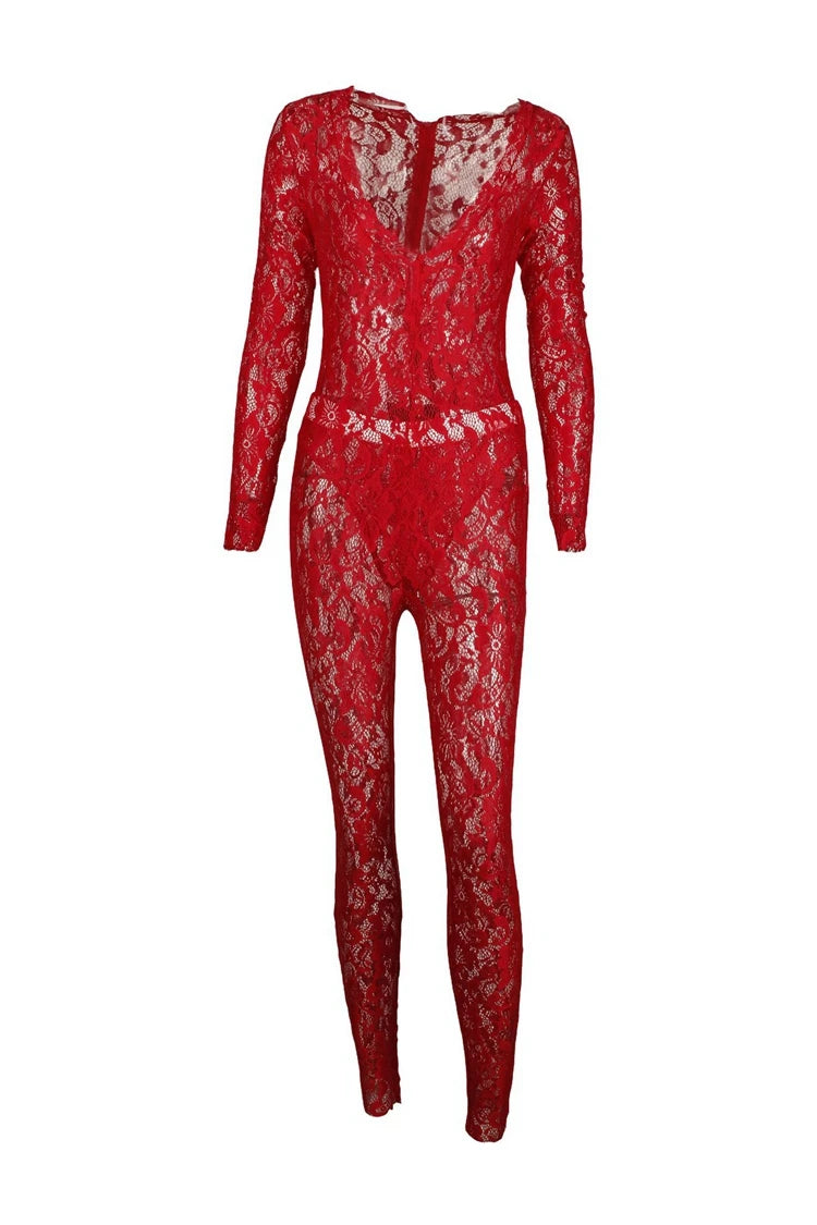 STYLISH LADY See Through Lace 2 Piece Set Women Long Sleeve Bodysuits and Skinny Pant Suits 2025 Summer Sexy Hollow Out Outfits
