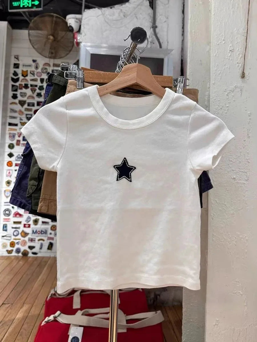 Sweet Star Appliques Slim Crop Top ladies Round Neck Short Sleeve Cotton Cropped T Shirt Summer Cute All-match T-shirts Y2K Tops