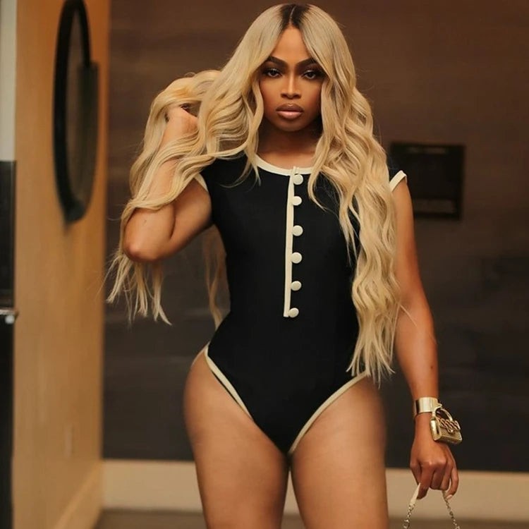 STYLISH LADY Ribbed Button Bodysuits 2025 Summer Women Short Sleeve O Neck Black Nude Sexy Club Street Bodycon Rompers