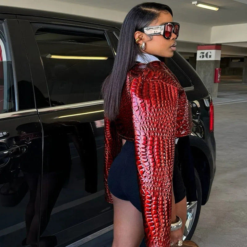 HLJ&GG Fashion Y2K Hot Girl Streetwear Women Leather Long Sleeve Crop Jacket+Bodysuits+Button Shorts 3 Piece Sets Outfits 2025