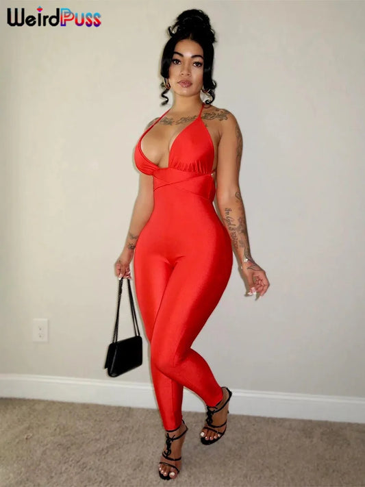 Weird Puss Hipster Fitness Jumpsuit Women Backless Sleeveless Deep v-Neck Cross Bandage Skinny Stretch Workout Sporty Streetwear