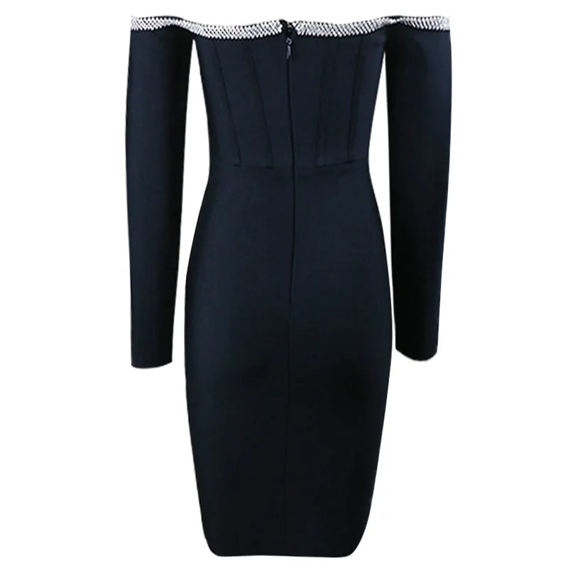 Dress Long Sleeve Black Fishbone Dress, Rhinestone Sexy Off Shoulder Bodycon Party Dress Short Elegant Lady's Party Dresses