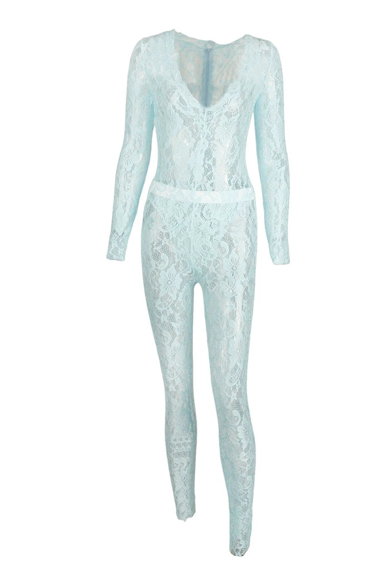 STYLISH LADY See Through Lace 2 Piece Set Women Long Sleeve Bodysuits and Skinny Pant Suits 2025 Summer Sexy Hollow Out Outfits