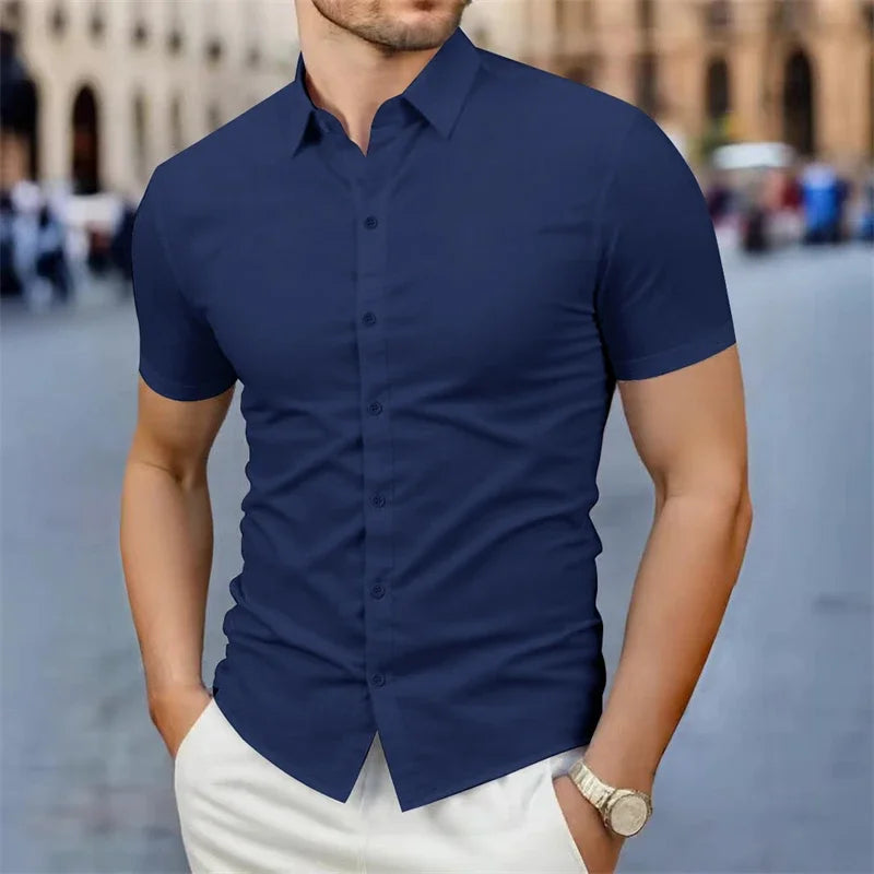 New Men's Business Casual Solid Color Short Sleeved Shirt for Summer Fashion No Ironing Comfortable and Versatile Top