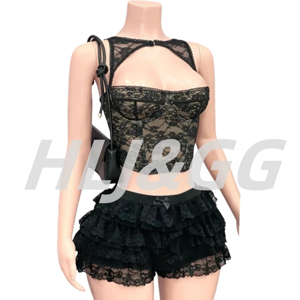 HLJ&GG Sexy Lace Splicing See Though Hollow Two Piece Sets Women Sleeveless Slim Crop Top+Ruffle Mini Skirts Outfits Streetwear