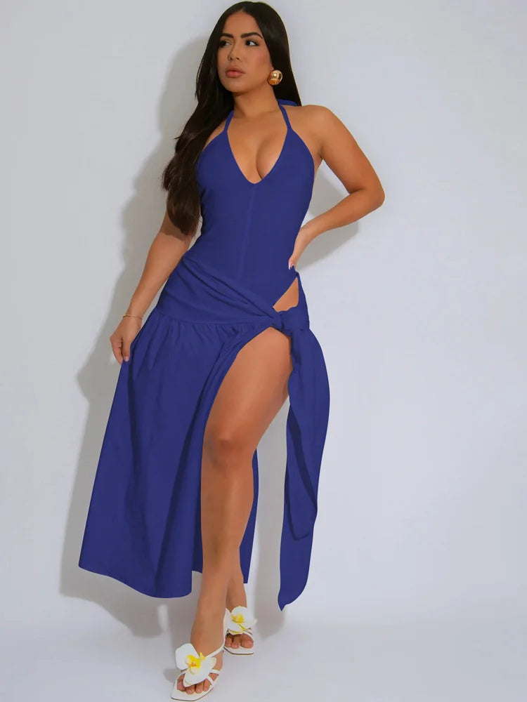 Kricesseen New Chic Solid Bodysuits Top And Tie Waist Ruched Skirt Set For Women Swimsuits Set Night Clubwear Vacation Outfits