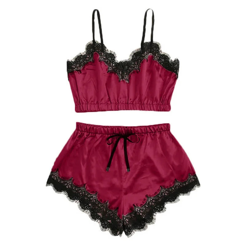 1set Lingerie Sexy Bra Set Women's Sleepwear Sleeveless Strap Lace Trim Satin Cami Tops Pajama Sets Bras Women Brief Sets