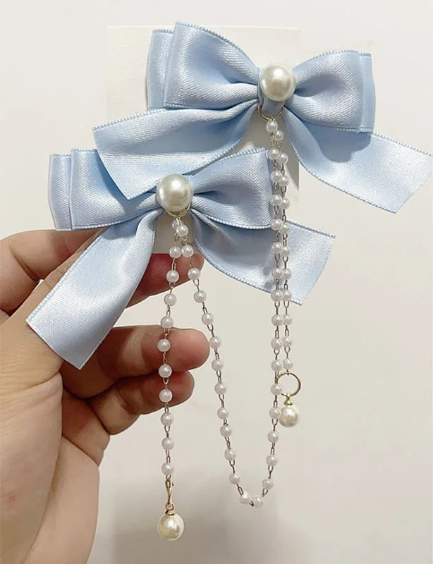 Sweet Princess Style Pink Pearls Chain Bow Hair Clip Women Children's Cute Back Head Hairpins Hair Clips Girls Hair Accessories