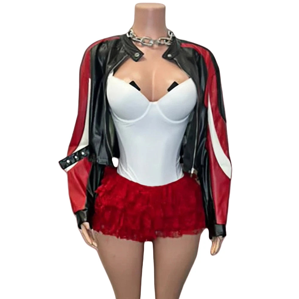 HLJ&GG Fashion Y2K Leather Jacket 3 Piece Sets Women Letter Print Zipper Long Sleeve Crop Top+Bodysuits+Shorts Outfit Streetwear