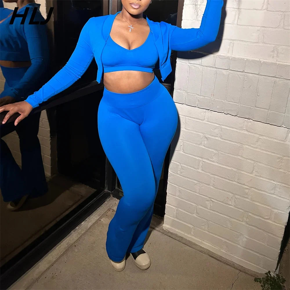 HLJ&GG Casual Solid Bodycon 3 Piece Sets Outfit Women Slim Crop Tops + High Waist Flare Pants Long Sleeves Coats Tracksuits 2024