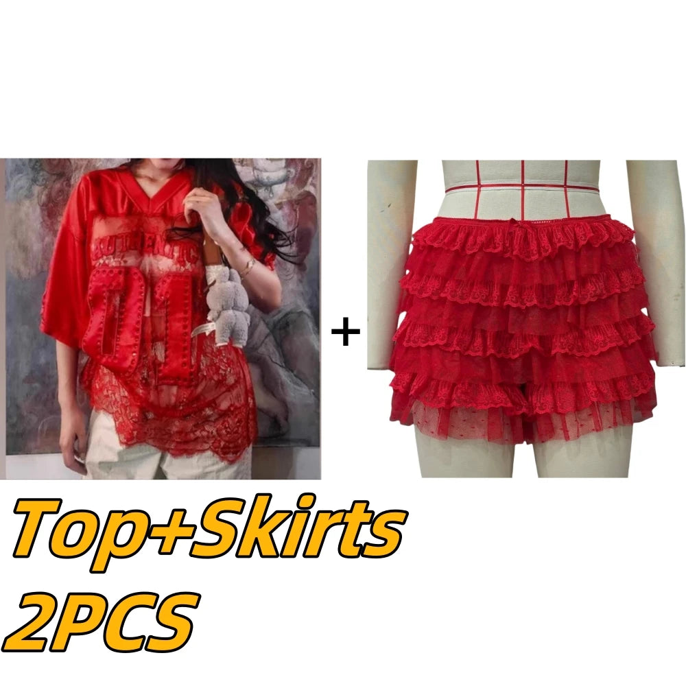 HLJ&GG Y2K Fashion Lace Splicing Letter Two Piece Sets Women V Neck Short Sleeve Loose Top+Mini Ruffle Skirts Outfits Streetwear