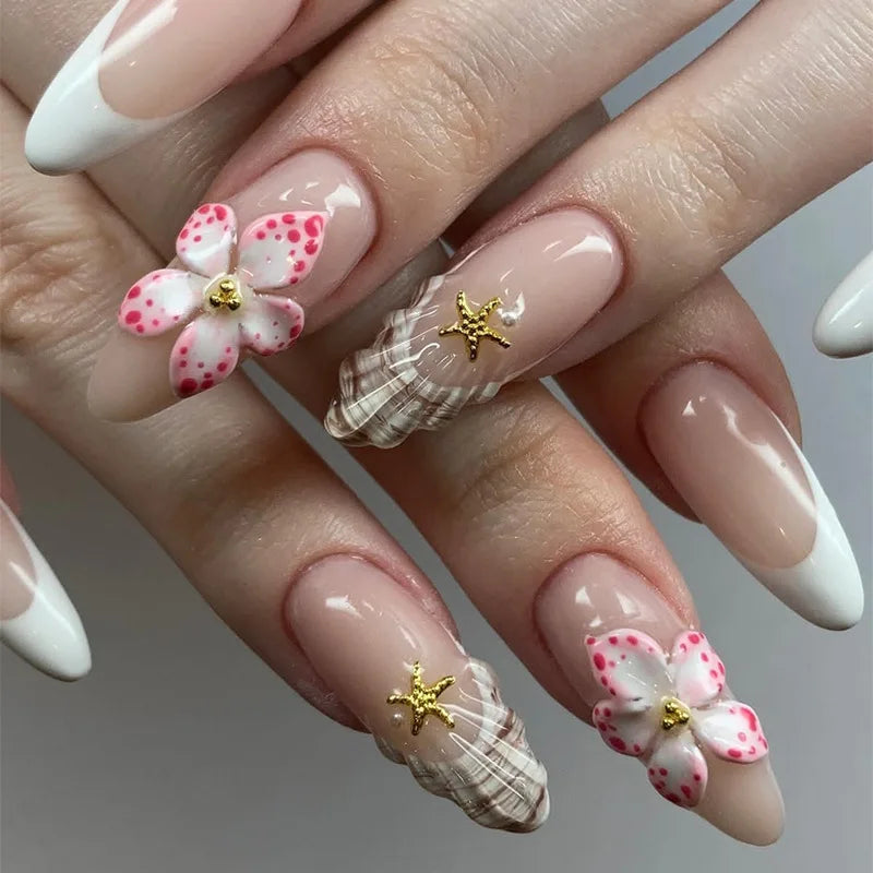 24pcs Short Almond French Press on Nails Ins Flower Design Fake Nail Tips Wearable Full Cover Sweet Korean Cute Fake Nail Patch
