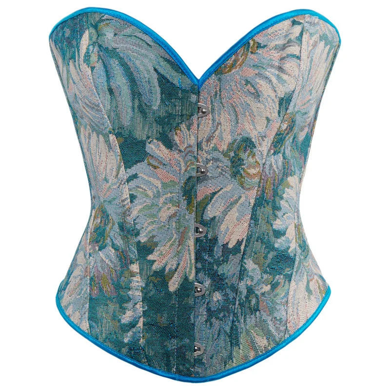 HLJ&GG Sexy Oil Print Style Retro Corset Two Piece Sets Women Off Shoulder Slim Crop Top And Ruffle Irregular Mini Skirt Outfits