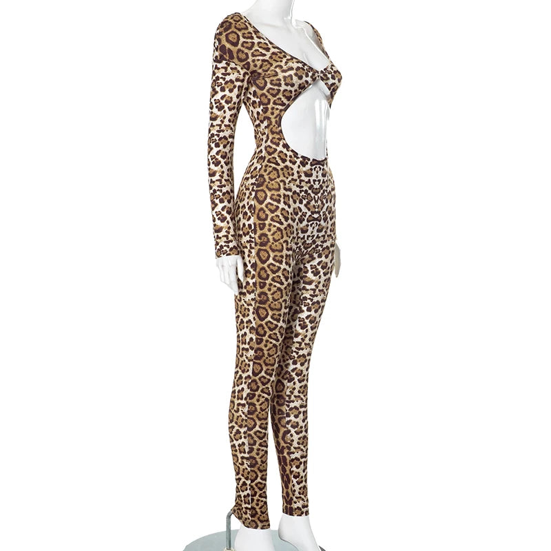 Weird Puss Leopard Print Jumpsuit Women Wild Hollow Low-Neck Sexy Skinny Full Sleeve Peach Hip Midnight Party Overalls Clubwear