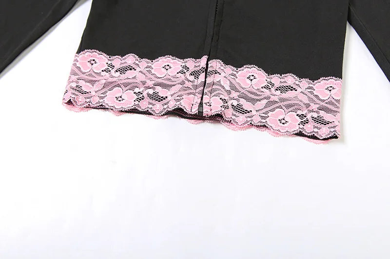 HLJ&GG Black Y2K Letter Printing Hooded Lace Splicing Two Piece Sets Women Zipper Long Sleeve Slim Top And Pants Outfits 2025