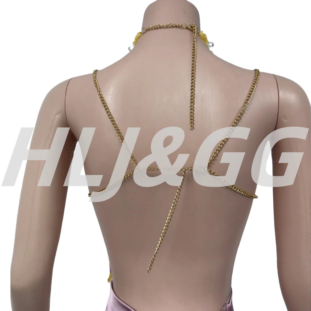 HLJ&GG Sexy Rhinestone Beads Halter Hollow Two Piece Sets Women Sleeveless Backless Top + Satin Skinny Skirts Outfits Streetwear