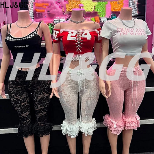 HLJ&GG Y2K Fashion Lace Bandage Hollow Out Two Piece Sets Women Off Shoulder Short Sleeve Slim Crop Top And Ruffle Shorts Outfit