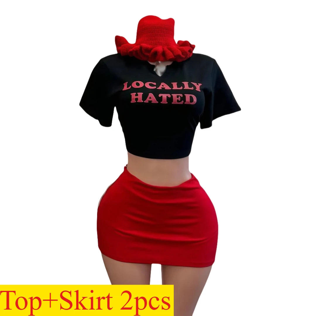 FAGADOER Sexy Women 2 Piece Set Outfit Letter Print Crop Tops + Bodycon Mini Skirts Suit Hot Girl Streetwear Clothing Spring New