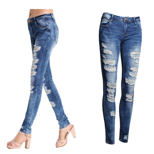 Women Jeans Blue Slim Ripped Jeans for Women Skinny Distressed Washed Stretch Mom Jeans High Waist Pants Femme Bleached
