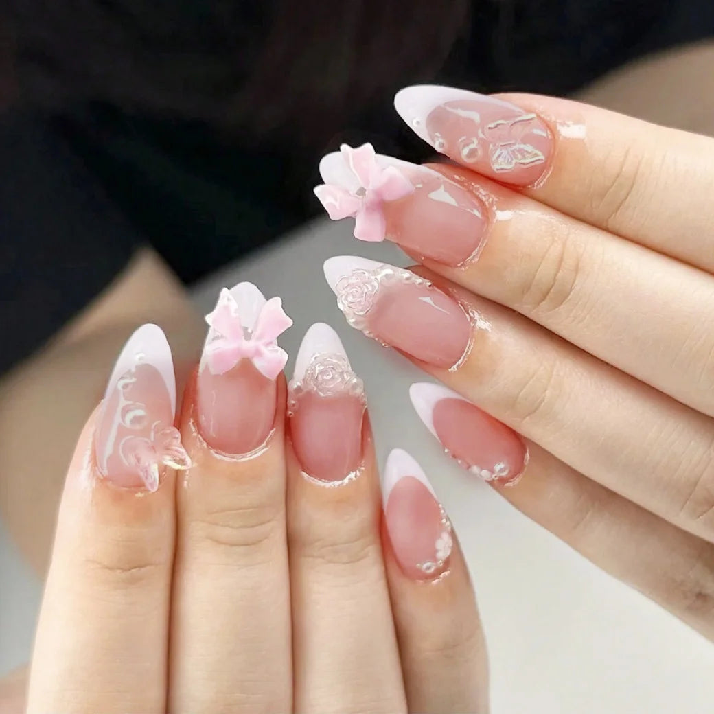 24pcs French Almond False Nails Sweet Pink Pearl Bow Decor Fake Nails Wearable Detachabe Sweet Korean Press on Nails for Girls