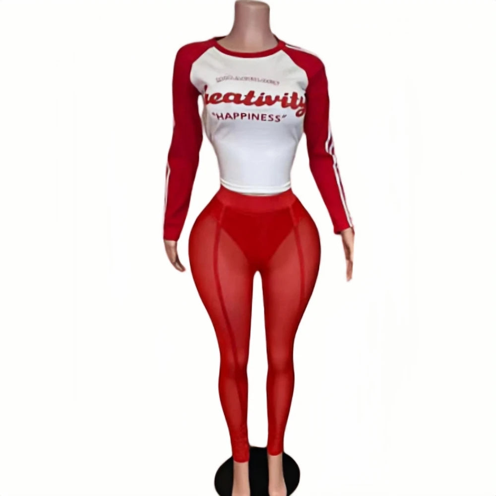 HLJ&GG Retro American Letter Printing Two Piece Sets Women Round Neck Long Sleeve Top And Mesh See Though Pants Outfits 2025 New