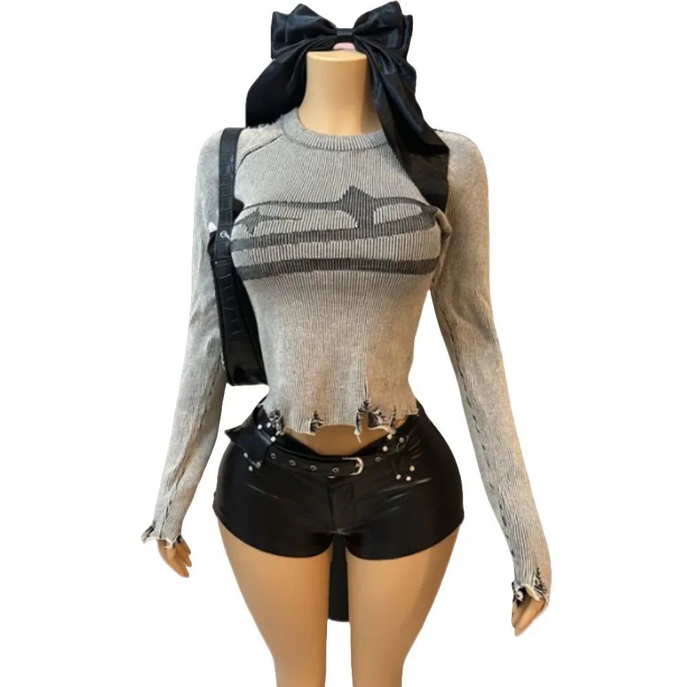 HLJ&GG American Vintage Y2K Leather Shorts Two Piece Sets Women Long Sleeve Knit Top And Shorts Outfits Fashion Streetwear New