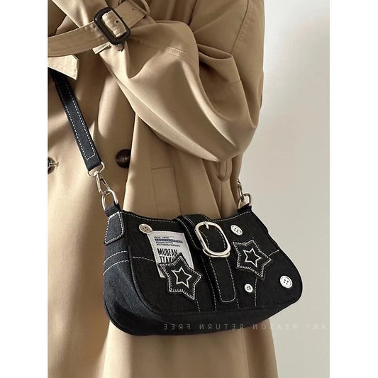 Fashion Vintage Y2k Ladies Shoulder Bags Sweet Cool Star Chain Women's Underarm Bag Black Goth Denim Female Tote Handbag Purse