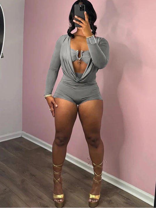 Swing Collar Romper & Metal Buckle Bra Set — Women's Party