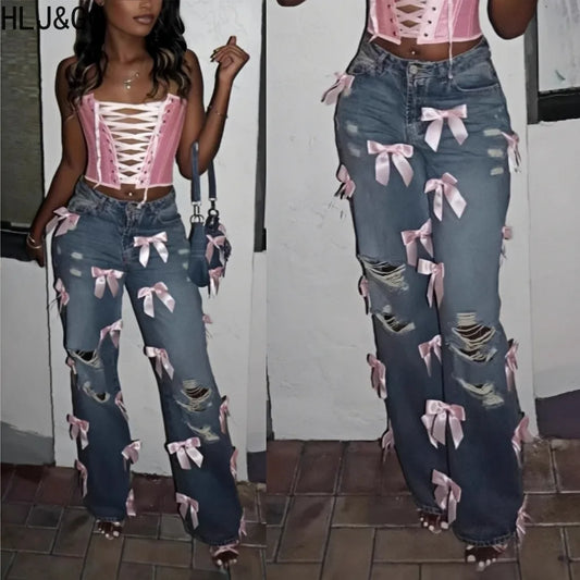 HLJ&GG Y2K Fashion Bow Sweet Straight Jeans Pants Women High Waisted Button Pocket, Hot Girl Streetwear Bottoms 2025