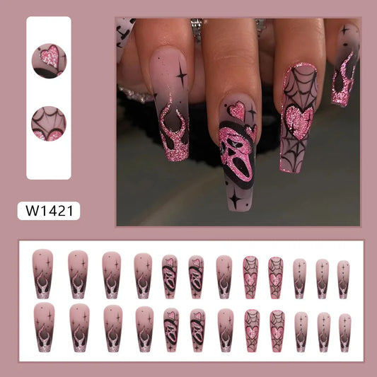24pcs Glitter Pink Sequins Fake Nails 2025 Halloween Scary Skull Love Print False Nails Wearable European Ballet Press on Nails